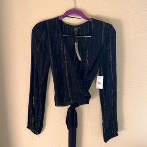 Black metallic Long sleeve wrap top